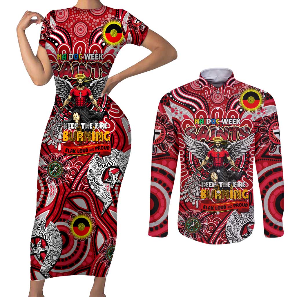 Custom St Kilda Saints NAIDOC Week 2024 Couples Matching Short Sleeve Bodycon Dress and Long Sleeve Button Shirt Mascot Football