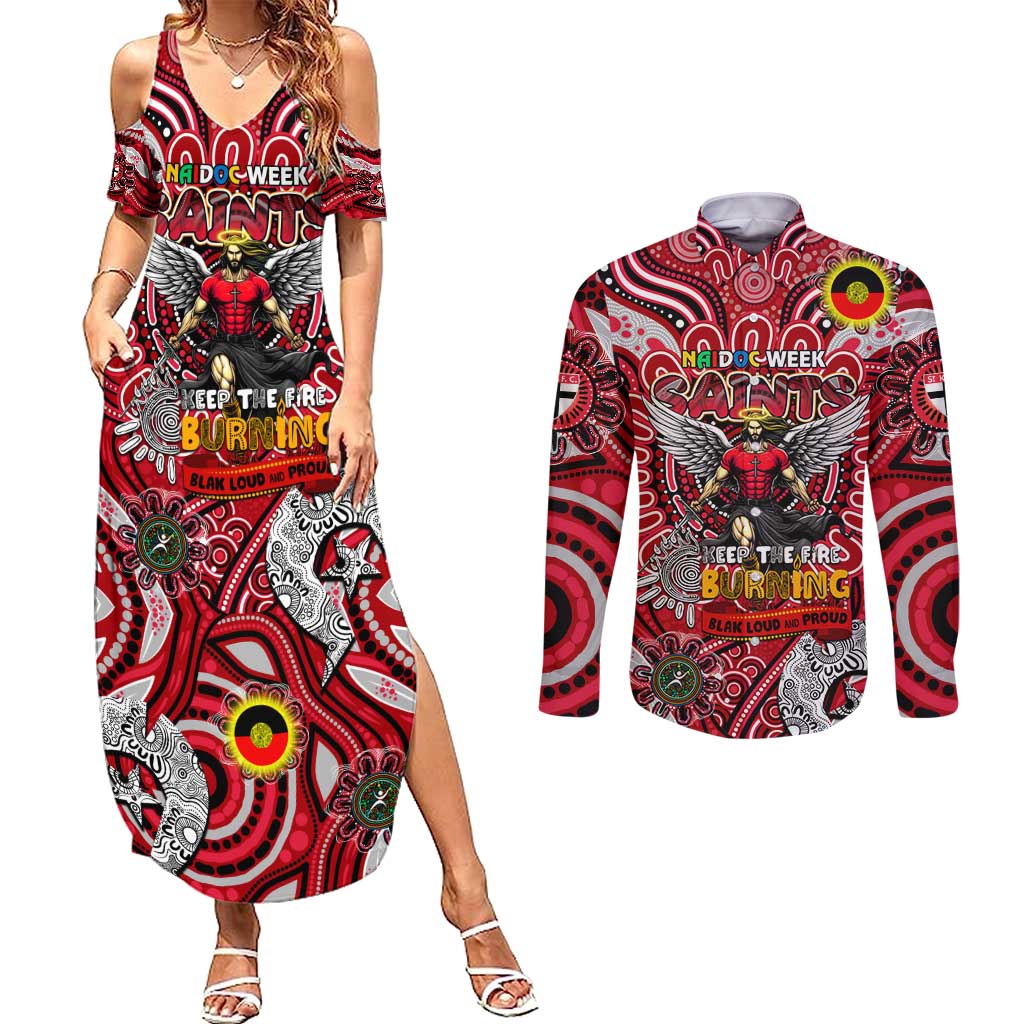Custom St Kilda Saints NAIDOC Week 2024 Couples Matching Summer Maxi Dress and Long Sleeve Button Shirt Mascot Football