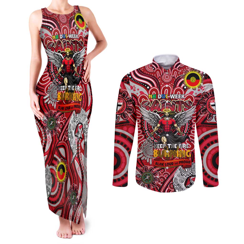 Custom St Kilda Saints NAIDOC Week 2024 Couples Matching Tank Maxi Dress and Long Sleeve Button Shirt Mascot Football