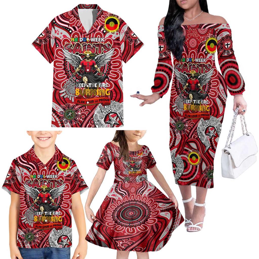 Custom St Kilda Saints NAIDOC Week 2024 Family Matching Off The Shoulder Long Sleeve Dress and Hawaiian Shirt Mascot Football