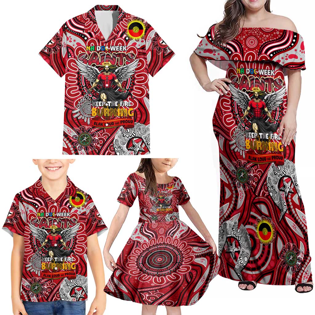 Custom St Kilda Saints NAIDOC Week 2024 Family Matching Off Shoulder Maxi Dress and Hawaiian Shirt Mascot Football
