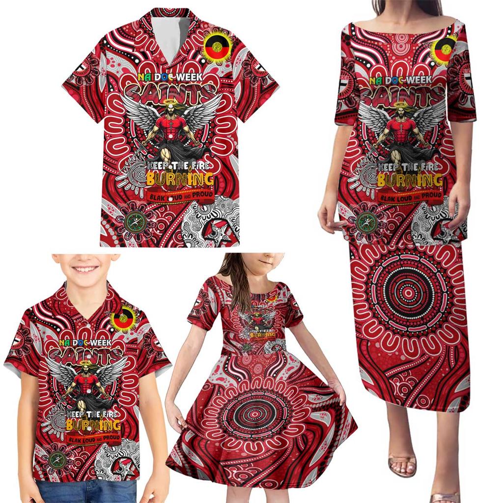 Custom St Kilda Saints NAIDOC Week 2024 Family Matching Puletasi and Hawaiian Shirt Mascot Football