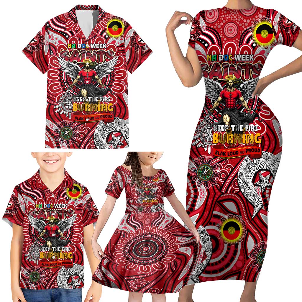 Custom St Kilda Saints NAIDOC Week 2024 Family Matching Short Sleeve Bodycon Dress and Hawaiian Shirt Mascot Football
