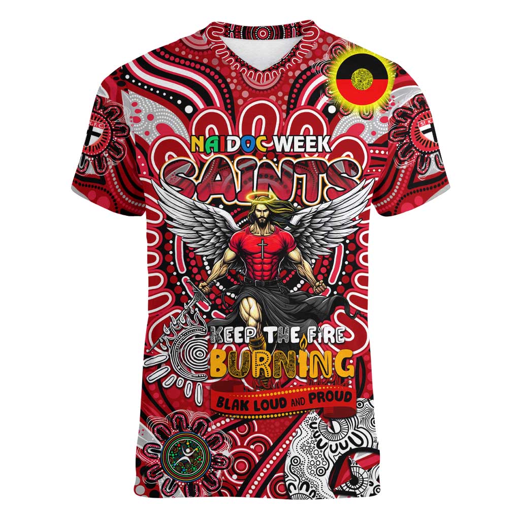 Custom St Kilda Saints NAIDOC Week 2024 Women V-Neck T-Shirt Mascot Football