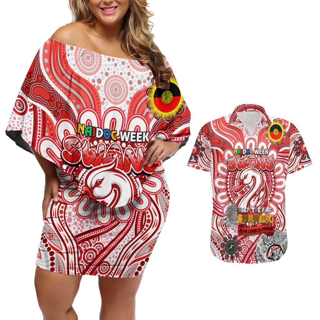 Custom Sydney Swans NAIDOC Week 2024 Couples Matching Off Shoulder Short Dress and Hawaiian Shirt Mascot Football