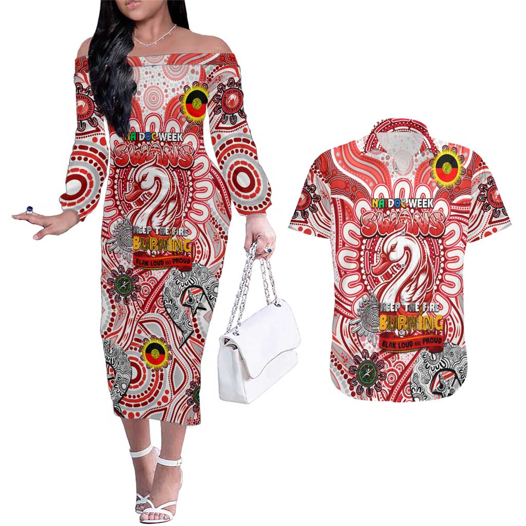 Custom Sydney Swans NAIDOC Week 2024 Couples Matching Off The Shoulder Long Sleeve Dress and Hawaiian Shirt Mascot Football