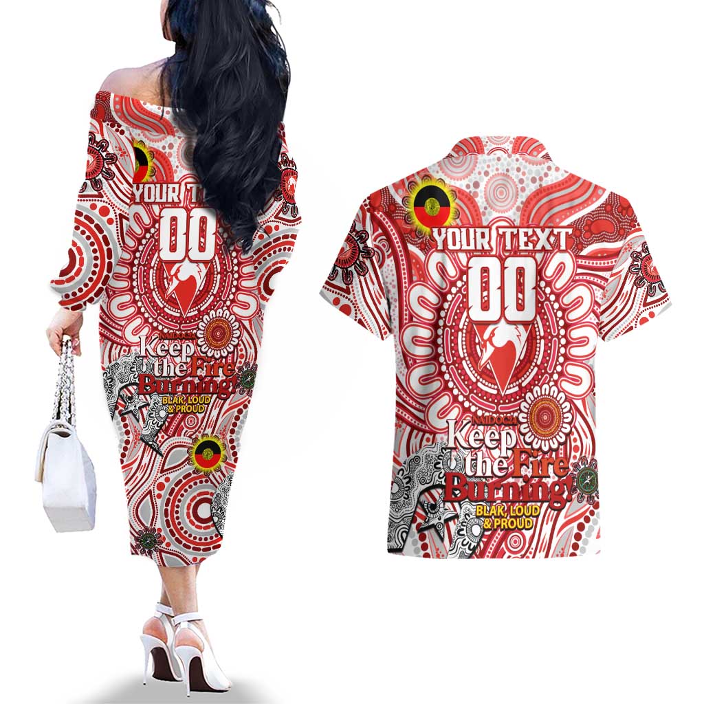Custom Sydney Swans NAIDOC Week 2024 Couples Matching Off The Shoulder Long Sleeve Dress and Hawaiian Shirt Mascot Football