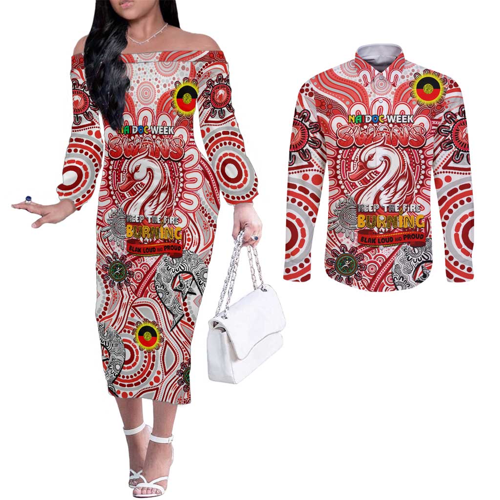 Custom Sydney Swans NAIDOC Week 2024 Couples Matching Off The Shoulder Long Sleeve Dress and Long Sleeve Button Shirt Mascot Football