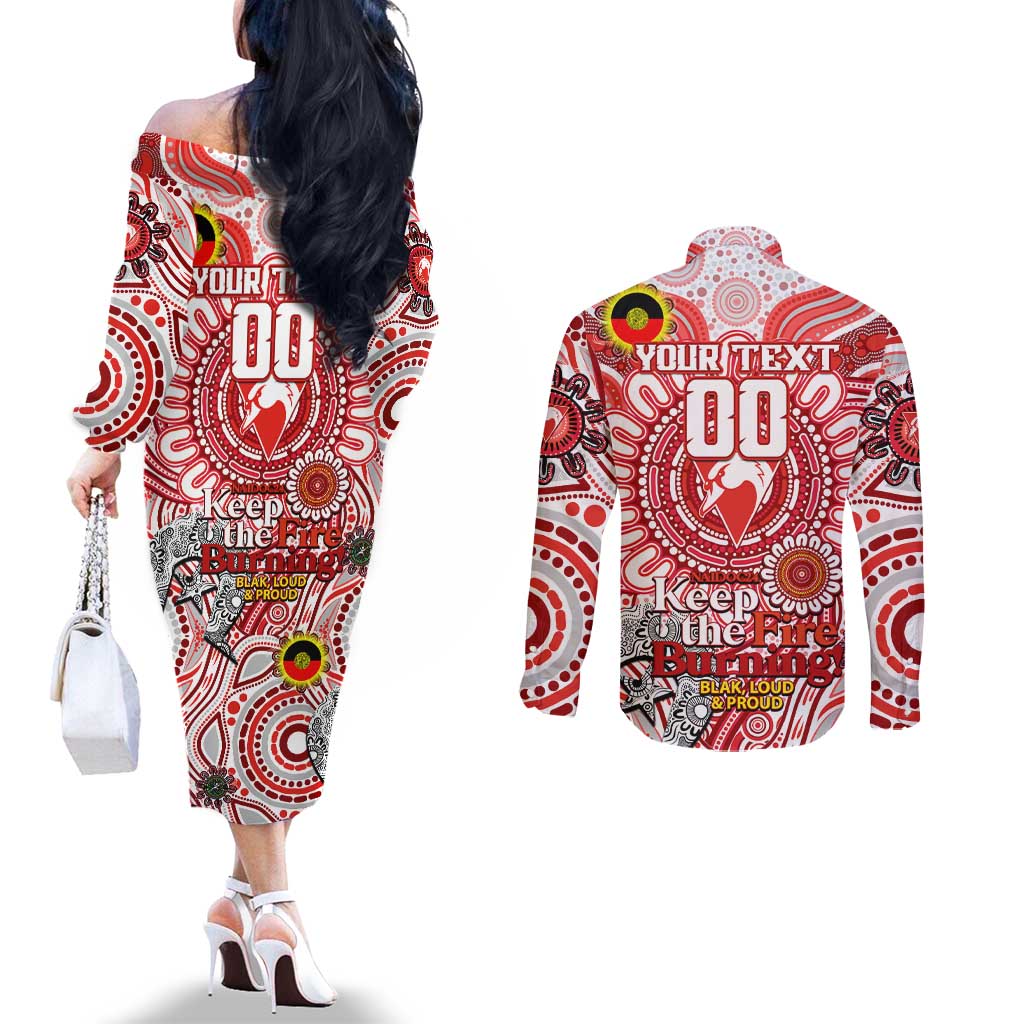 Custom Sydney Swans NAIDOC Week 2024 Couples Matching Off The Shoulder Long Sleeve Dress and Long Sleeve Button Shirt Mascot Football