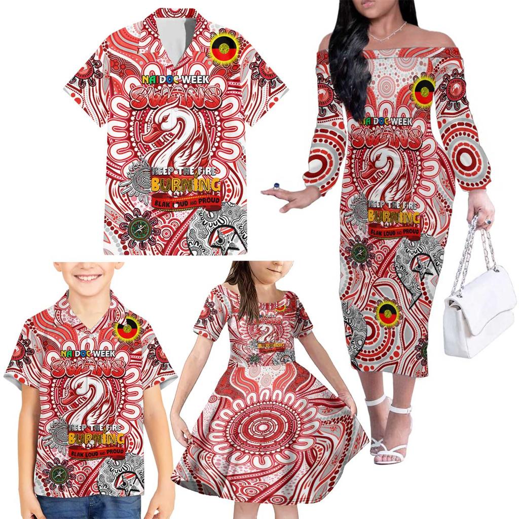 Custom Sydney Swans NAIDOC Week 2024 Family Matching Off The Shoulder Long Sleeve Dress and Hawaiian Shirt Mascot Football