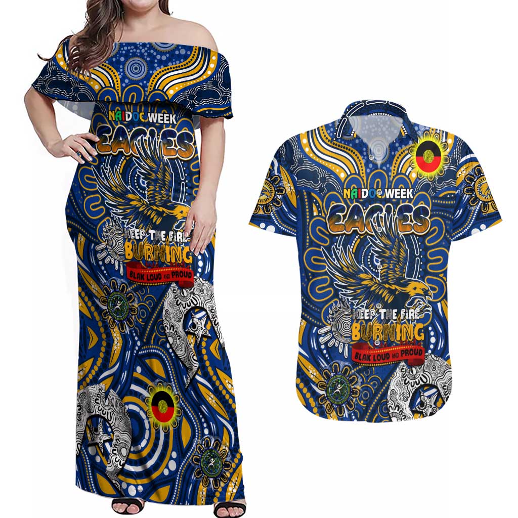 Custom West Coast Eagles NAIDOC Week 2024 Couples Matching Off Shoulder Maxi Dress and Hawaiian Shirt Mascot Football