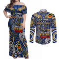 Custom West Coast Eagles NAIDOC Week 2024 Couples Matching Off Shoulder Maxi Dress and Long Sleeve Button Shirt Mascot Football
