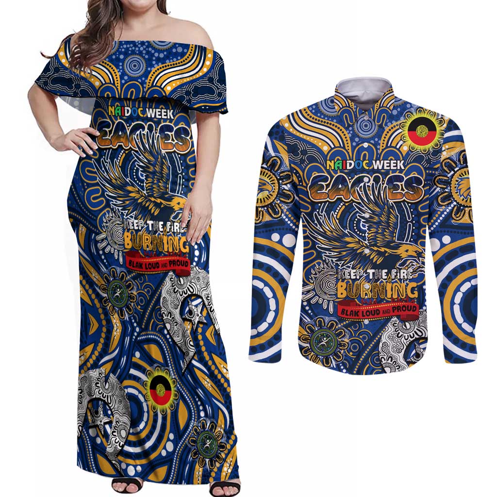 Custom West Coast Eagles NAIDOC Week 2024 Couples Matching Off Shoulder Maxi Dress and Long Sleeve Button Shirt Mascot Football