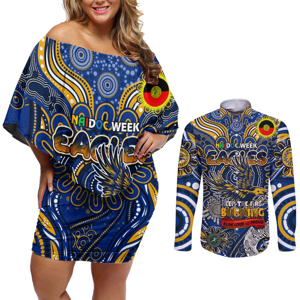 Custom West Coast Eagles NAIDOC Week 2024 Couples Matching Off Shoulder Short Dress and Long Sleeve Button Shirt Mascot Football
