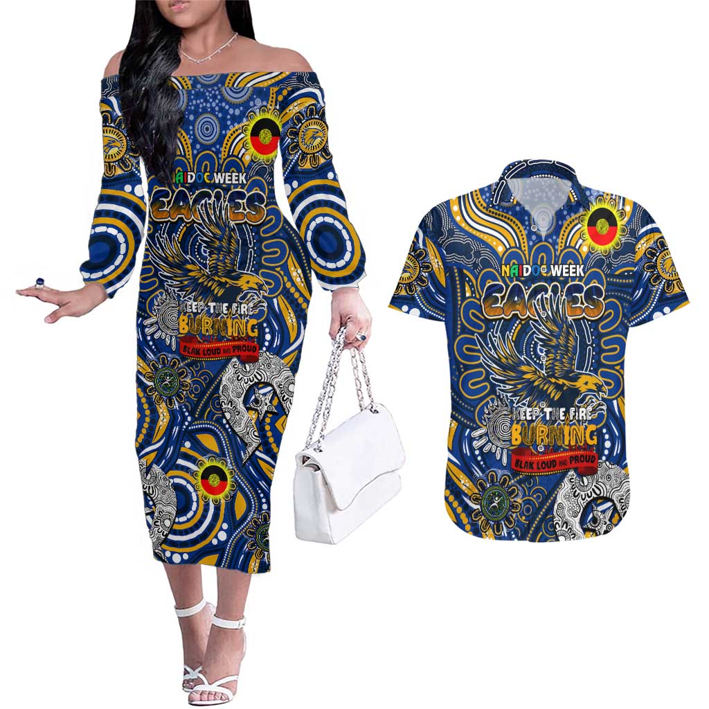 Custom West Coast Eagles NAIDOC Week 2024 Couples Matching Off The Shoulder Long Sleeve Dress and Hawaiian Shirt Mascot Football