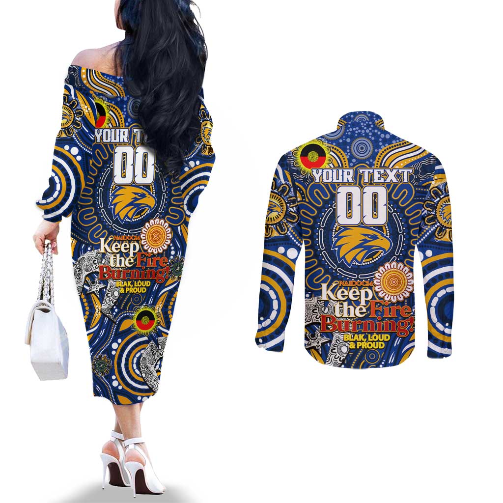 Custom West Coast Eagles NAIDOC Week 2024 Couples Matching Off The Shoulder Long Sleeve Dress and Long Sleeve Button Shirt Mascot Football