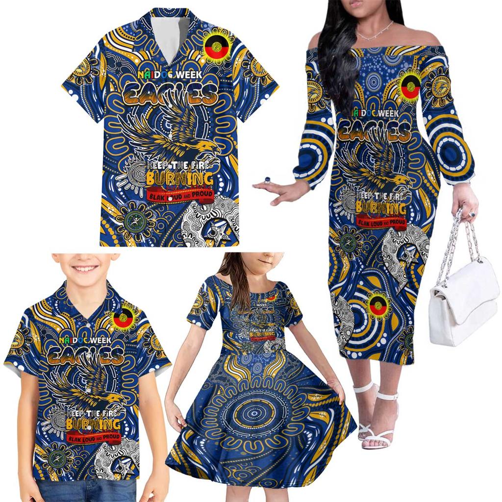 Custom West Coast Eagles NAIDOC Week 2024 Family Matching Off The Shoulder Long Sleeve Dress and Hawaiian Shirt Mascot Football