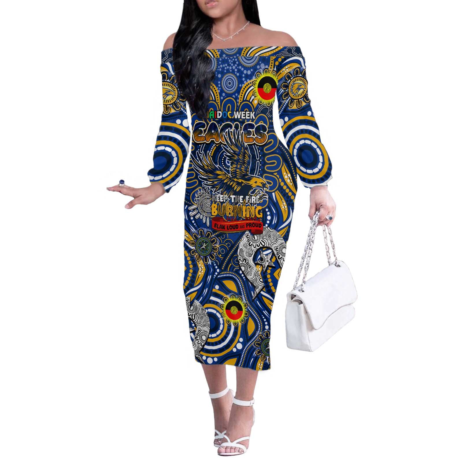 Custom West Coast Eagles NAIDOC Week 2024 Off The Shoulder Long Sleeve Dress Mascot Football