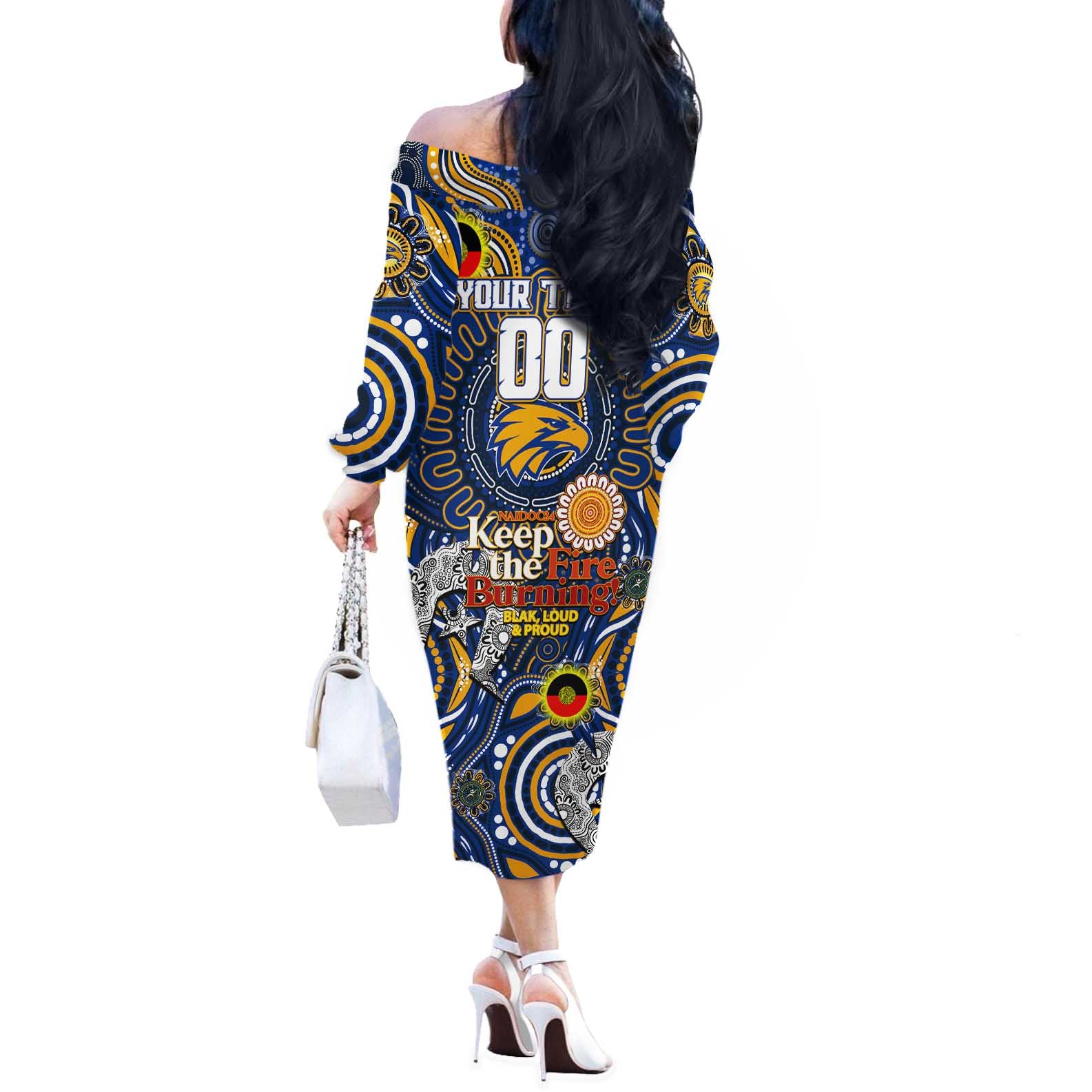 Custom West Coast Eagles NAIDOC Week 2024 Off The Shoulder Long Sleeve Dress Mascot Football