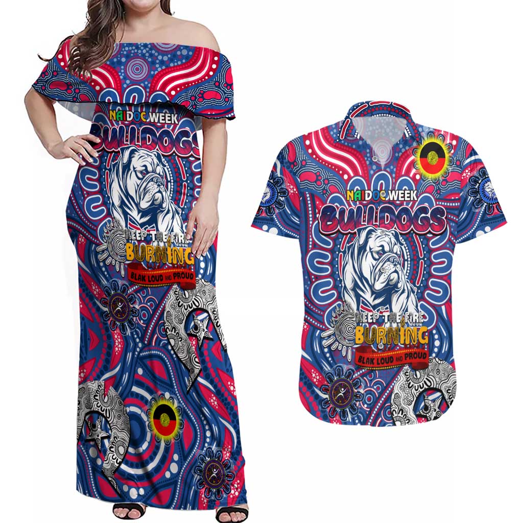 Custom Western Bulldogs NAIDOC Week 2024 Couples Matching Off Shoulder Maxi Dress and Hawaiian Shirt Mascot Football