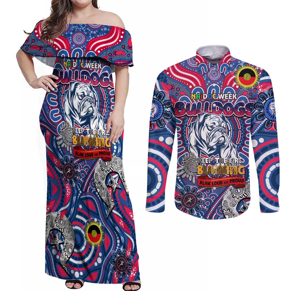 Custom Western Bulldogs NAIDOC Week 2024 Couples Matching Off Shoulder Maxi Dress and Long Sleeve Button Shirt Mascot Football