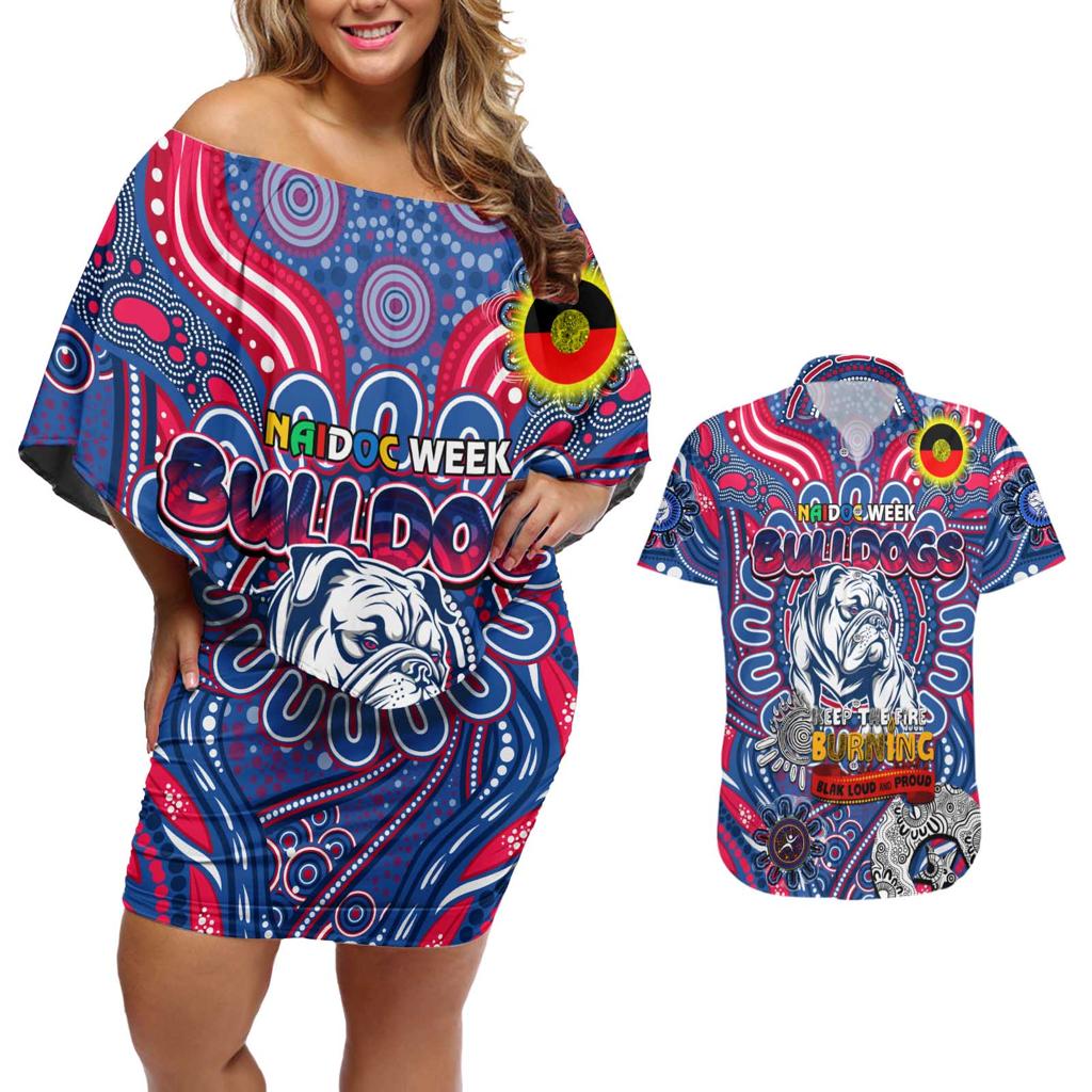 Custom Western Bulldogs NAIDOC Week 2024 Couples Matching Off Shoulder Short Dress and Hawaiian Shirt Mascot Football