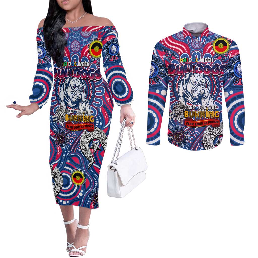 Custom Western Bulldogs NAIDOC Week 2024 Couples Matching Off The Shoulder Long Sleeve Dress and Long Sleeve Button Shirt Mascot Football