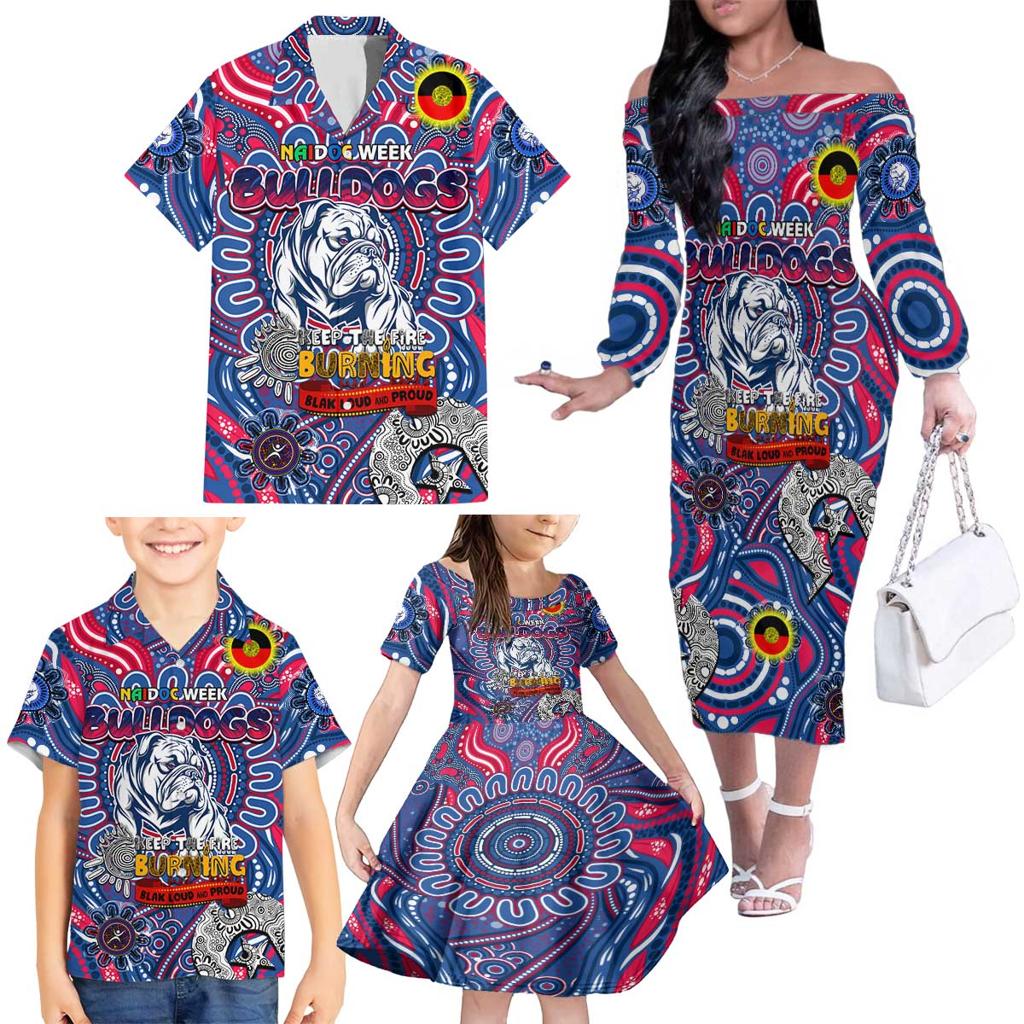Custom Western Bulldogs NAIDOC Week 2024 Family Matching Off The Shoulder Long Sleeve Dress and Hawaiian Shirt Mascot Football