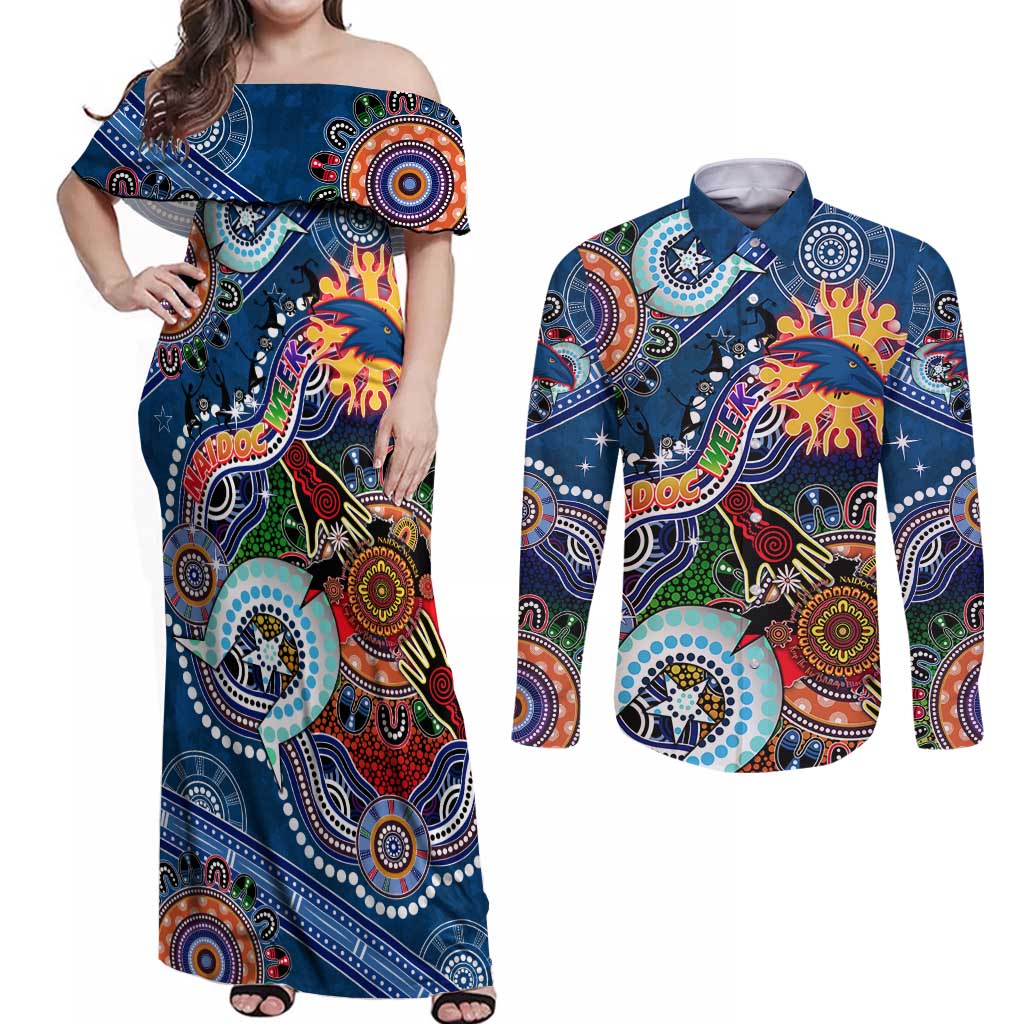 Custom NAIDOC Week 2024 Adelaide Crows Couples Matching Off Shoulder Maxi Dress and Long Sleeve Button Shirt Australia Aboriginal Dot Painting