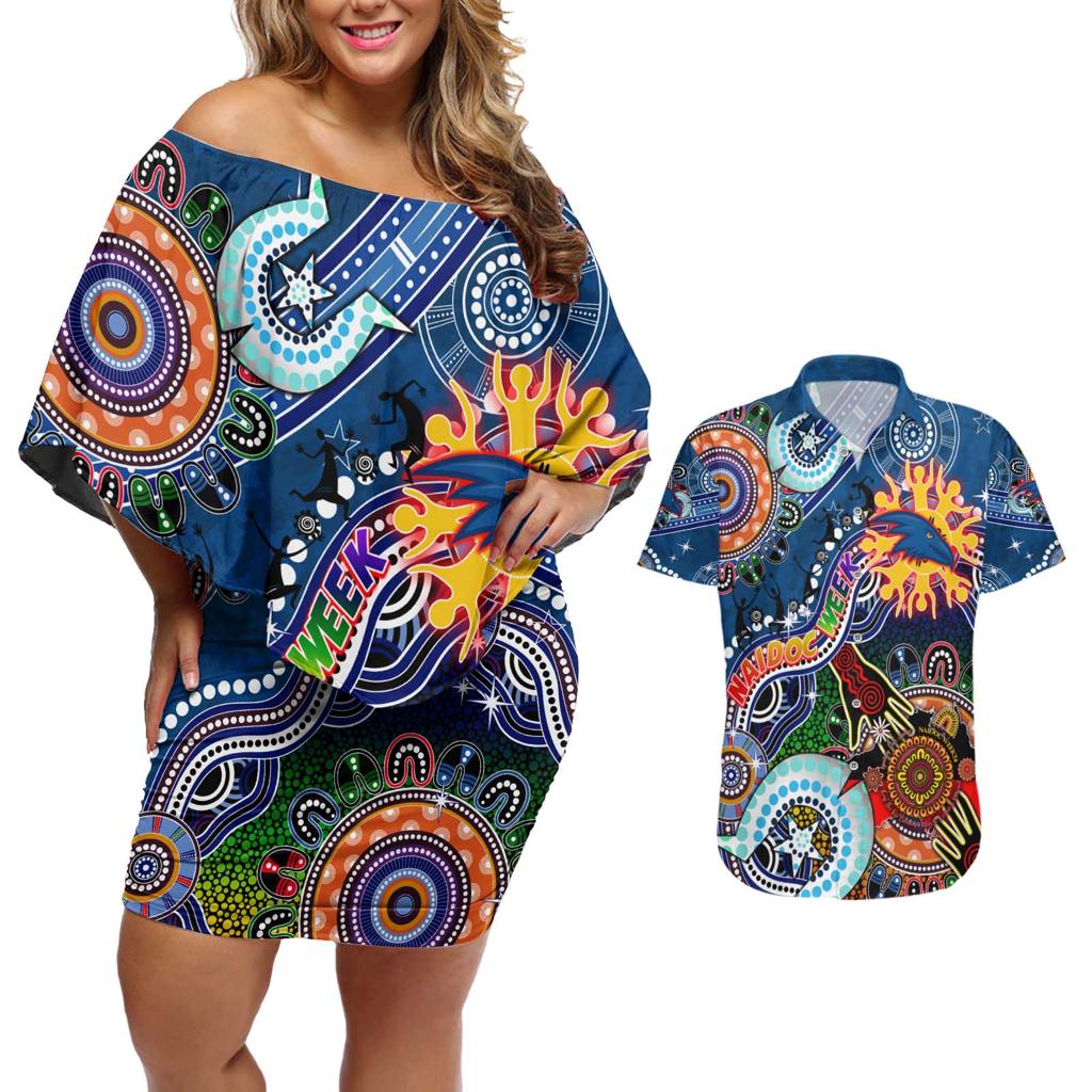Custom NAIDOC Week 2024 Adelaide Crows Couples Matching Off Shoulder Short Dress and Hawaiian Shirt Australia Aboriginal Dot Painting
