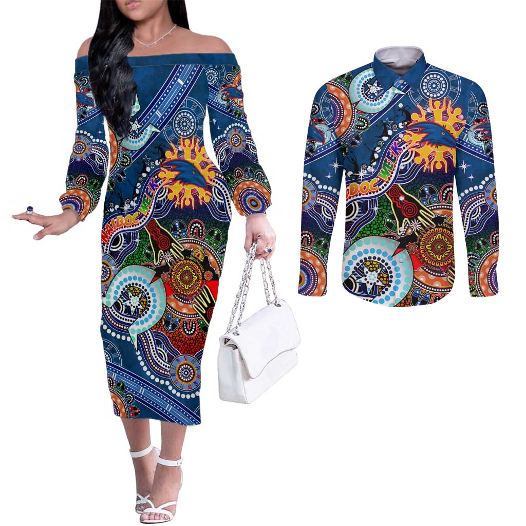 Custom NAIDOC Week 2024 Adelaide Crows Couples Matching Off The Shoulder Long Sleeve Dress and Long Sleeve Button Shirt Australia Aboriginal Dot Painting