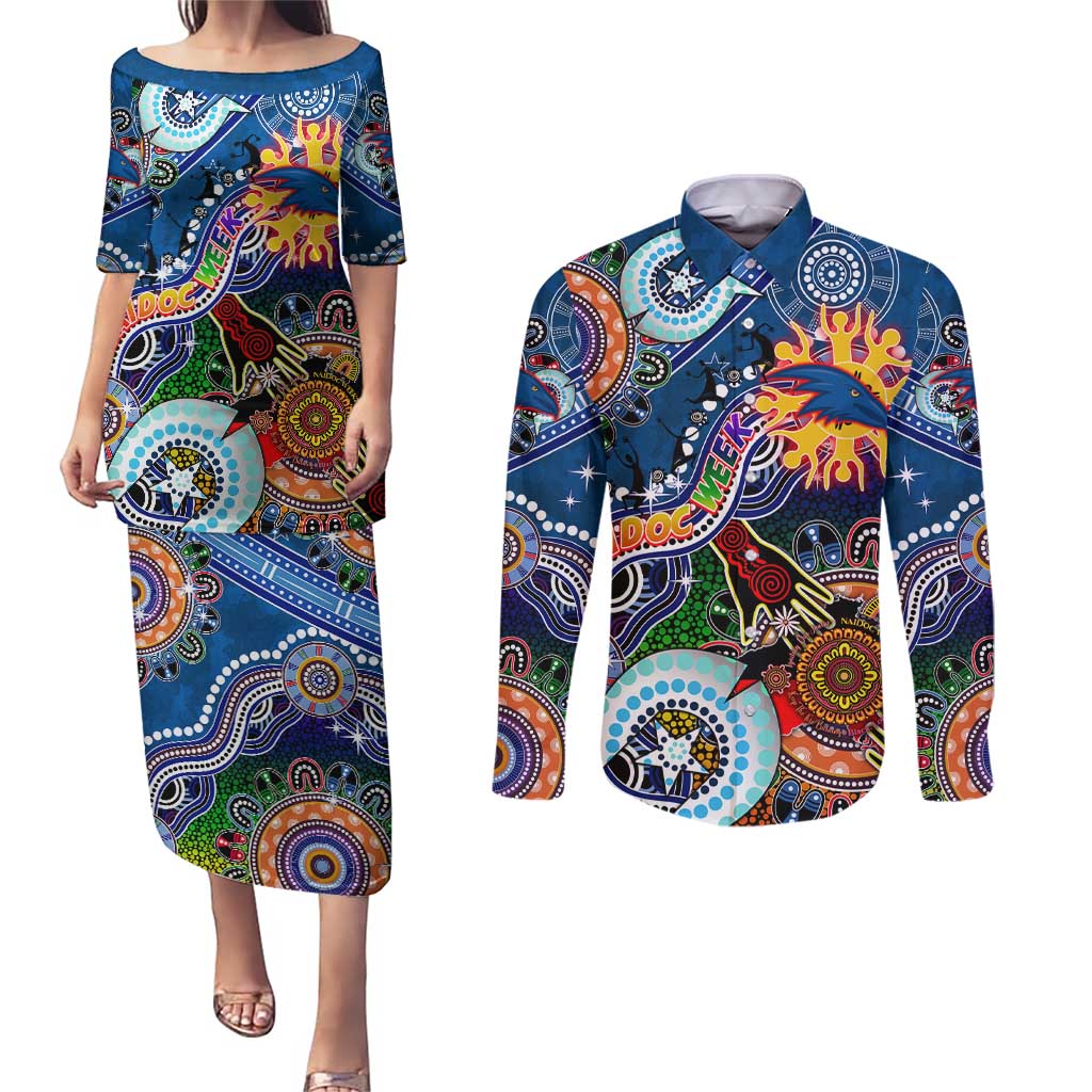 Custom NAIDOC Week 2024 Adelaide Crows Couples Matching Puletasi and Long Sleeve Button Shirt Australia Aboriginal Dot Painting