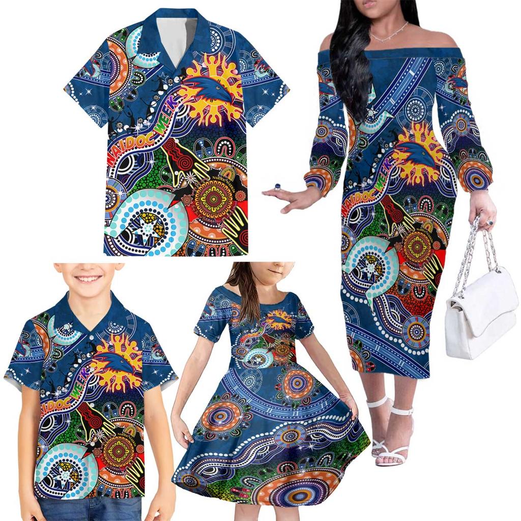 Custom NAIDOC Week 2024 Adelaide Crows Family Matching Off The Shoulder Long Sleeve Dress and Hawaiian Shirt Australia Aboriginal Dot Painting