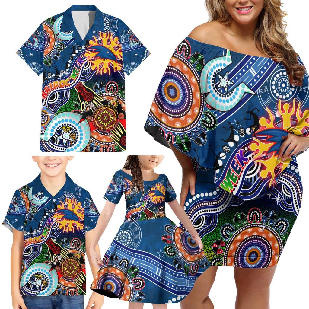 Custom NAIDOC Week 2024 Adelaide Crows Family Matching Off Shoulder Short Dress and Hawaiian Shirt Australia Aboriginal Dot Painting