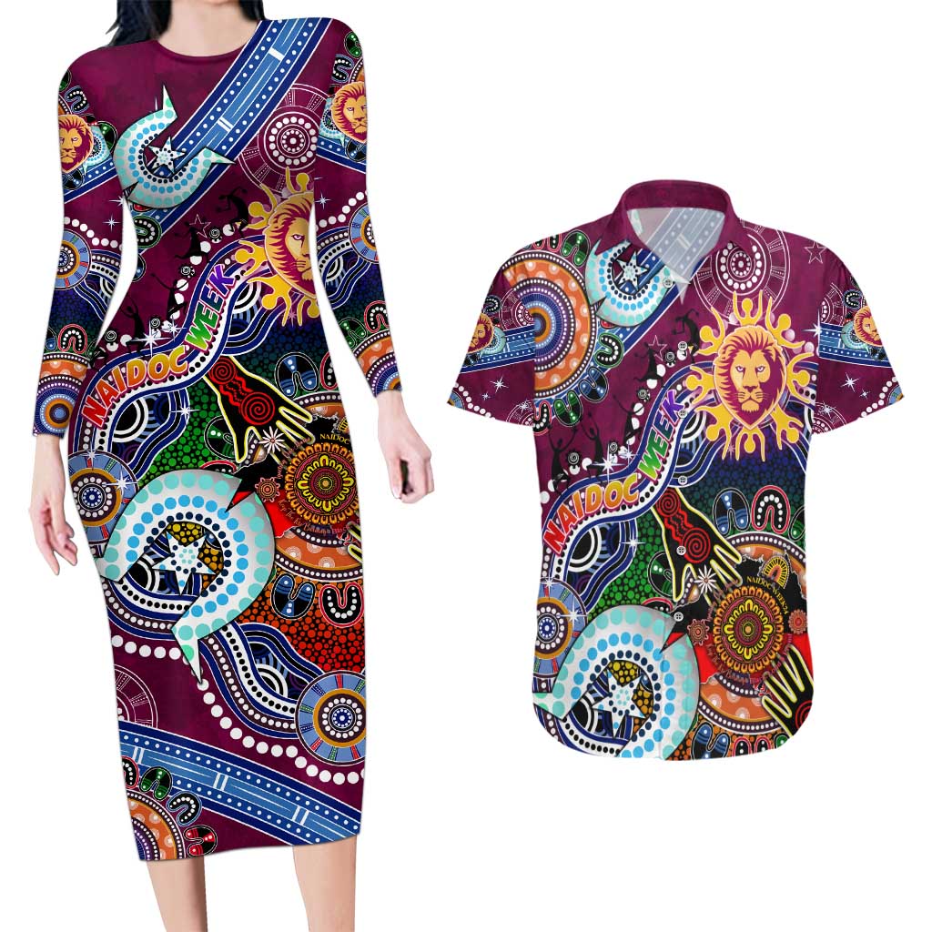 Custom NAIDOC Week 2024 Brisbane Lions Couples Matching Long Sleeve Bodycon Dress and Hawaiian Shirt Australia Aboriginal Dot Painting