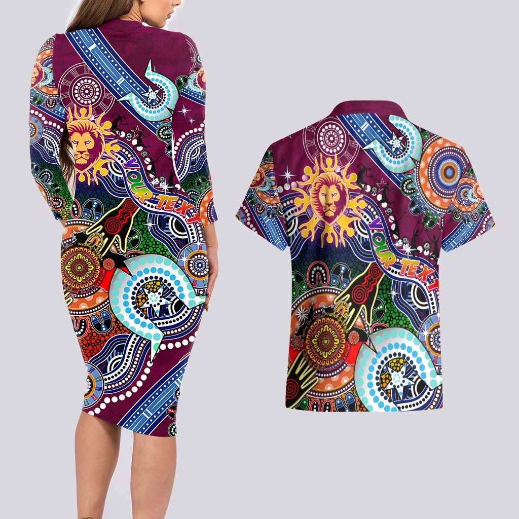 Custom NAIDOC Week 2024 Brisbane Lions Couples Matching Long Sleeve Bodycon Dress and Hawaiian Shirt Australia Aboriginal Dot Painting