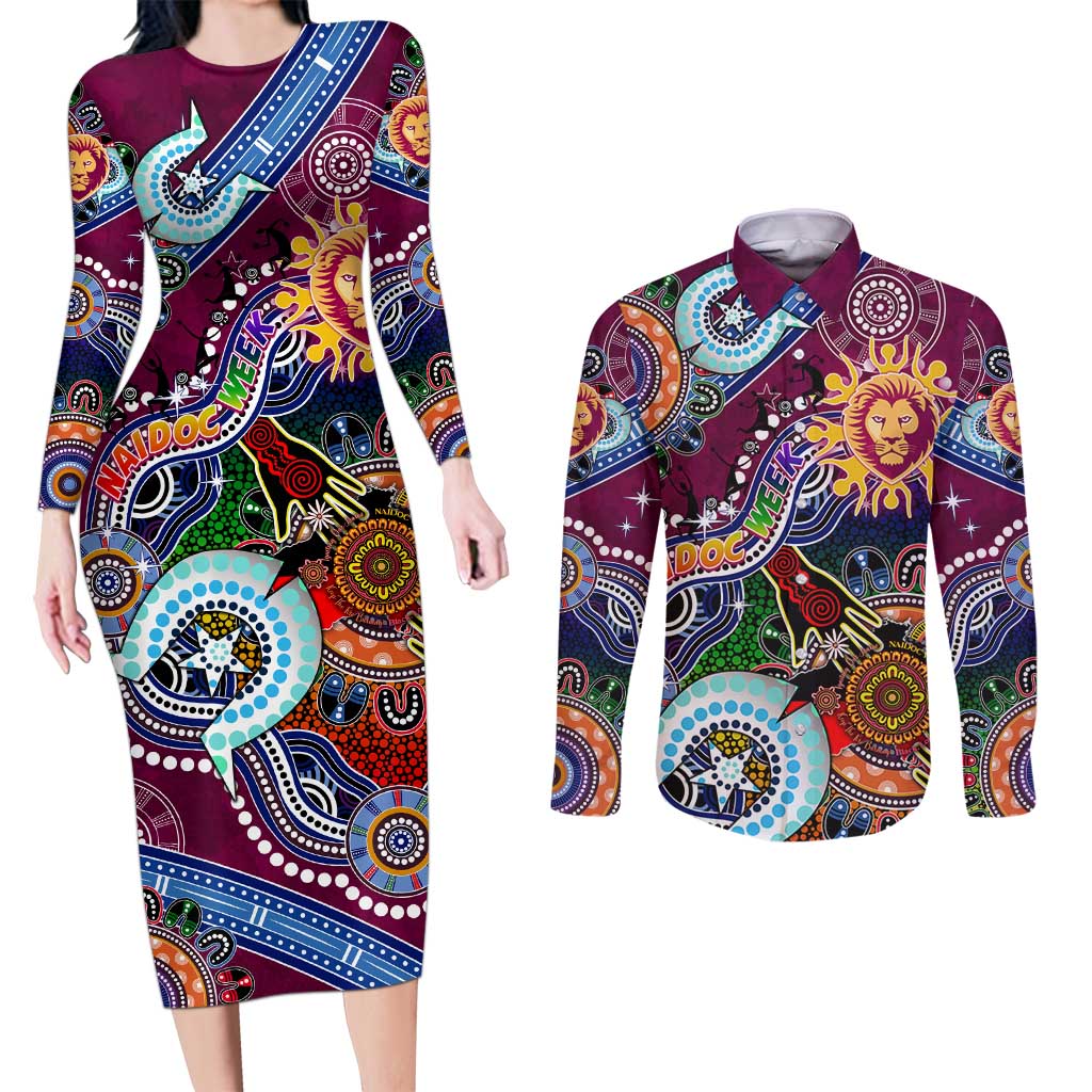 Custom NAIDOC Week 2024 Brisbane Lions Couples Matching Long Sleeve Bodycon Dress and Long Sleeve Button Shirt Australia Aboriginal Dot Painting