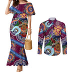Custom NAIDOC Week 2024 Brisbane Lions Couples Matching Mermaid Dress and Long Sleeve Button Shirt Australia Aboriginal Dot Painting