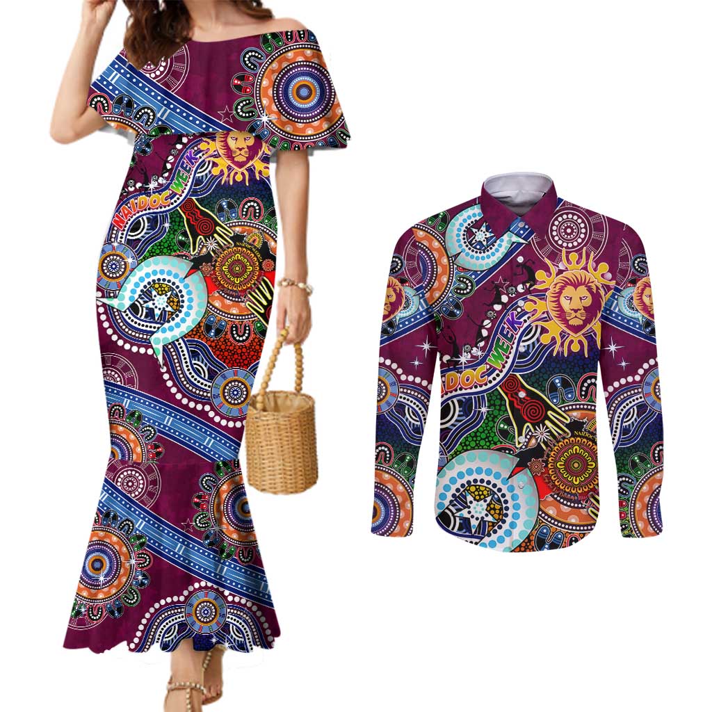 Custom NAIDOC Week 2024 Brisbane Lions Couples Matching Mermaid Dress and Long Sleeve Button Shirt Australia Aboriginal Dot Painting