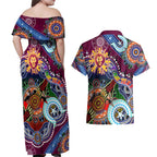 Custom NAIDOC Week 2024 Brisbane Lions Couples Matching Off Shoulder Maxi Dress and Hawaiian Shirt Australia Aboriginal Dot Painting