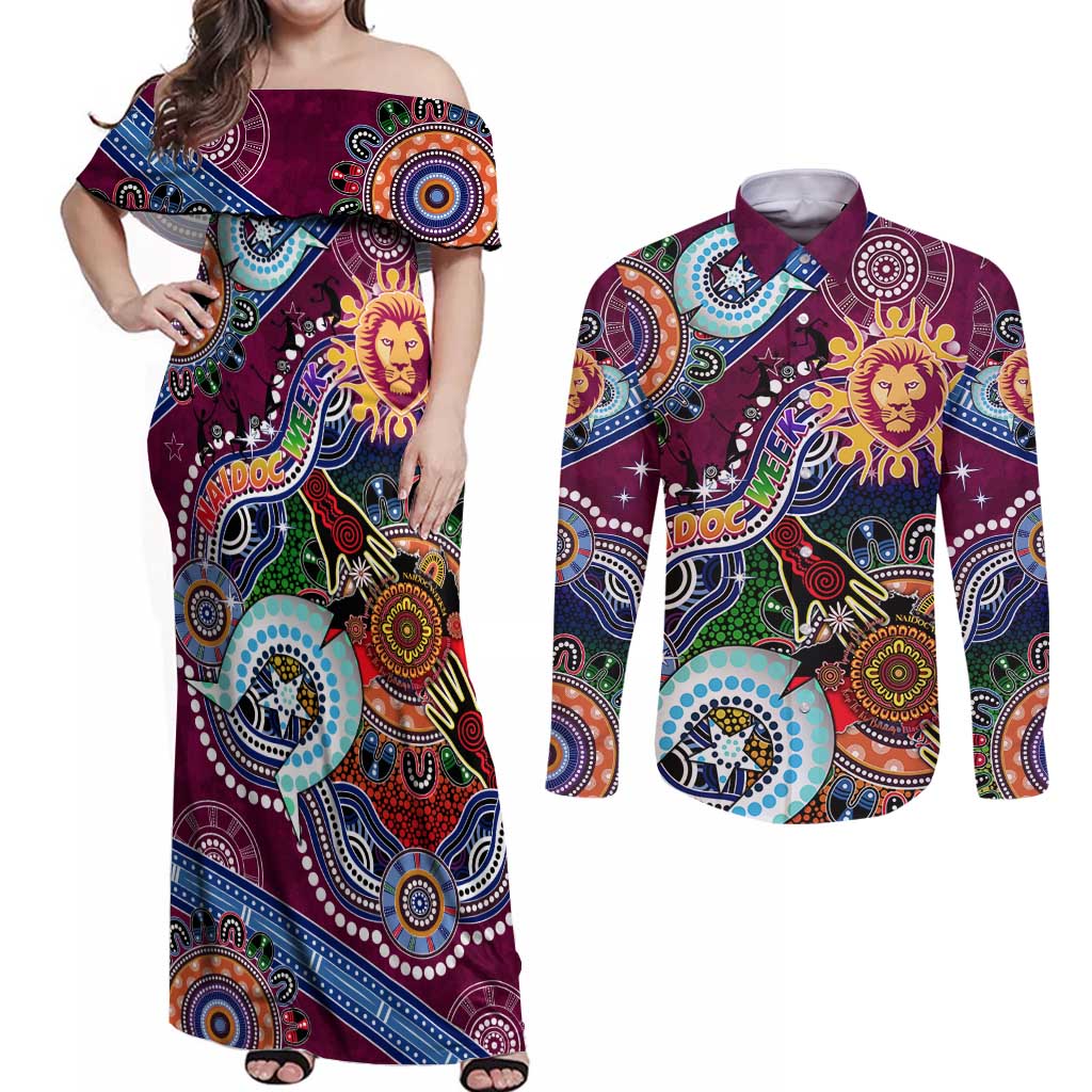 Custom NAIDOC Week 2024 Brisbane Lions Couples Matching Off Shoulder Maxi Dress and Long Sleeve Button Shirt Australia Aboriginal Dot Painting