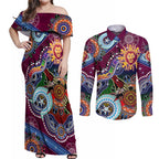 Custom NAIDOC Week 2024 Brisbane Lions Couples Matching Off Shoulder Maxi Dress and Long Sleeve Button Shirt Australia Aboriginal Dot Painting