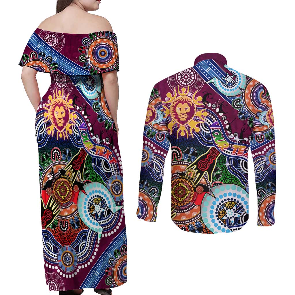 Custom NAIDOC Week 2024 Brisbane Lions Couples Matching Off Shoulder Maxi Dress and Long Sleeve Button Shirt Australia Aboriginal Dot Painting