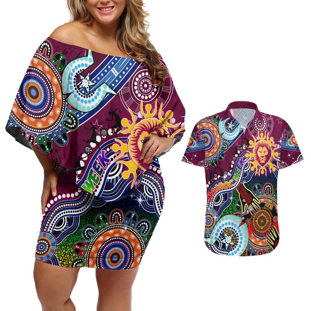 Custom NAIDOC Week 2024 Brisbane Lions Couples Matching Off Shoulder Short Dress and Hawaiian Shirt Australia Aboriginal Dot Painting