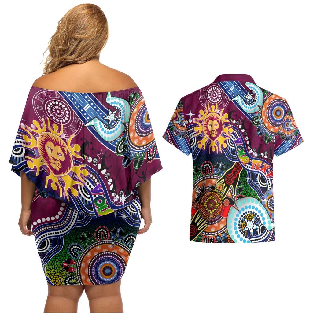 Custom NAIDOC Week 2024 Brisbane Lions Couples Matching Off Shoulder Short Dress and Hawaiian Shirt Australia Aboriginal Dot Painting