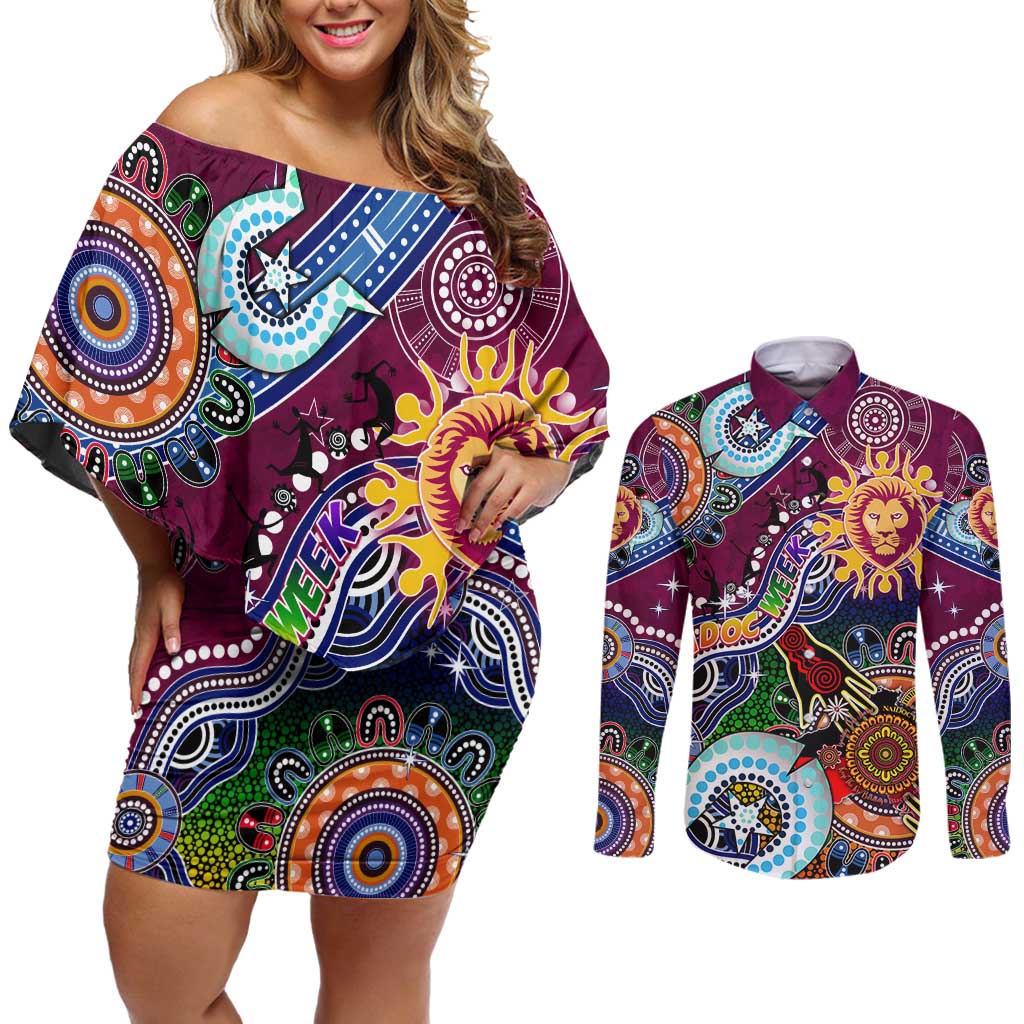 Custom NAIDOC Week 2024 Brisbane Lions Couples Matching Off Shoulder Short Dress and Long Sleeve Button Shirt Australia Aboriginal Dot Painting