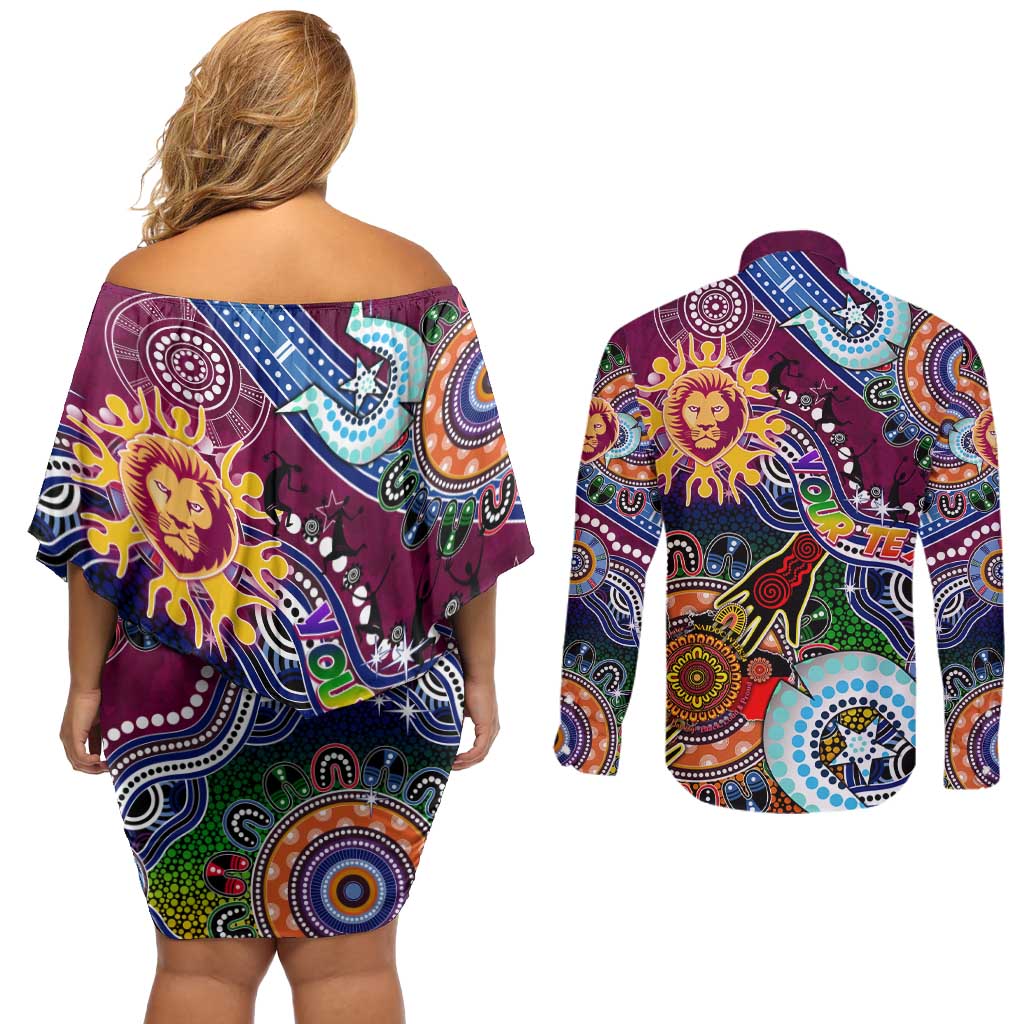 Custom NAIDOC Week 2024 Brisbane Lions Couples Matching Off Shoulder Short Dress and Long Sleeve Button Shirt Australia Aboriginal Dot Painting