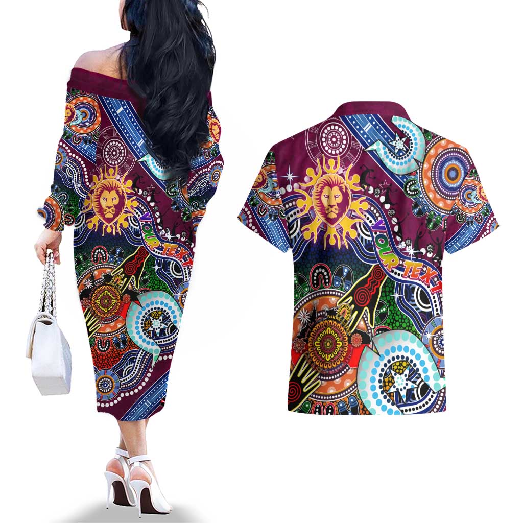 Custom NAIDOC Week 2024 Brisbane Lions Couples Matching Off The Shoulder Long Sleeve Dress and Hawaiian Shirt Australia Aboriginal Dot Painting