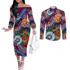 Custom NAIDOC Week 2024 Brisbane Lions Couples Matching Off The Shoulder Long Sleeve Dress and Long Sleeve Button Shirt Australia Aboriginal Dot Painting