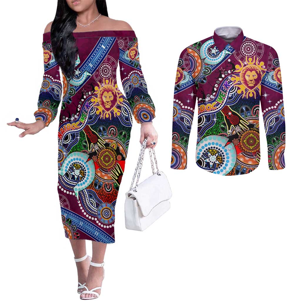 Custom NAIDOC Week 2024 Brisbane Lions Couples Matching Off The Shoulder Long Sleeve Dress and Long Sleeve Button Shirt Australia Aboriginal Dot Painting